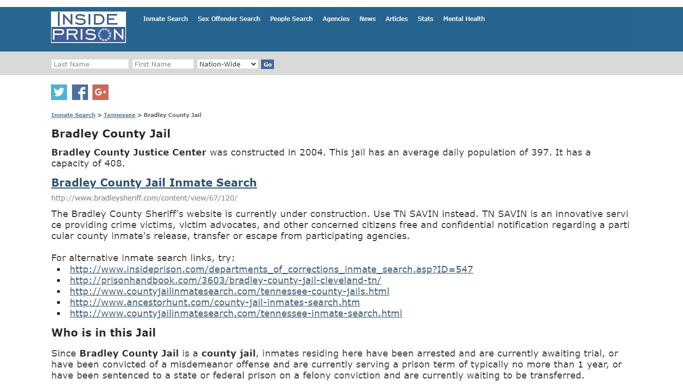 Bradley County Jail - Tennessee - Inmate Search - Inside Prison
